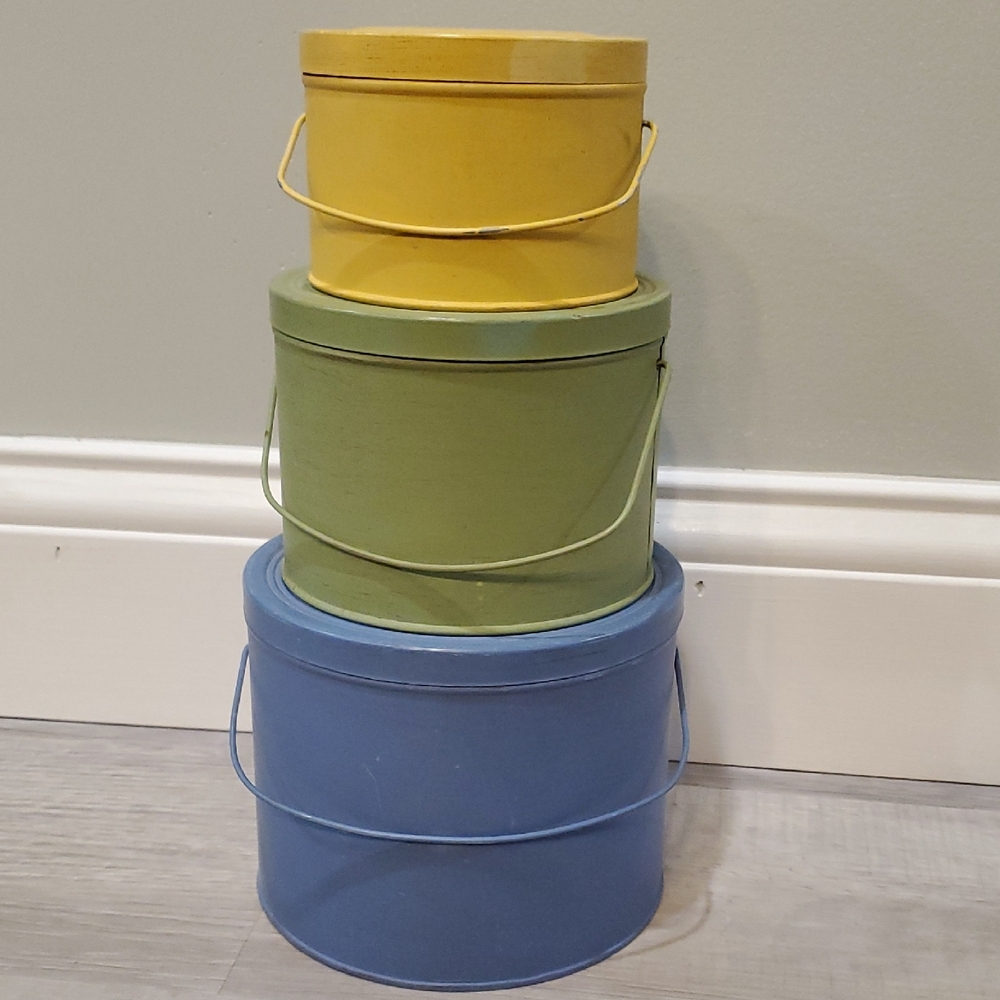Rustic Storage / Nesting Metal Buckets.  Blue, Green and Yellow.